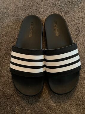 adidas Black Slide Sandals with White Three-Stripes